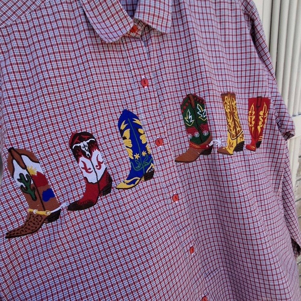 Croquet Thailand Shirt Pink Gingham Embroidered Western Boots Women Size Medium - Picture 14 of 16